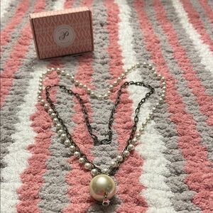Plunder 34” dual pearl and antique gold chain necklaces with large pearl